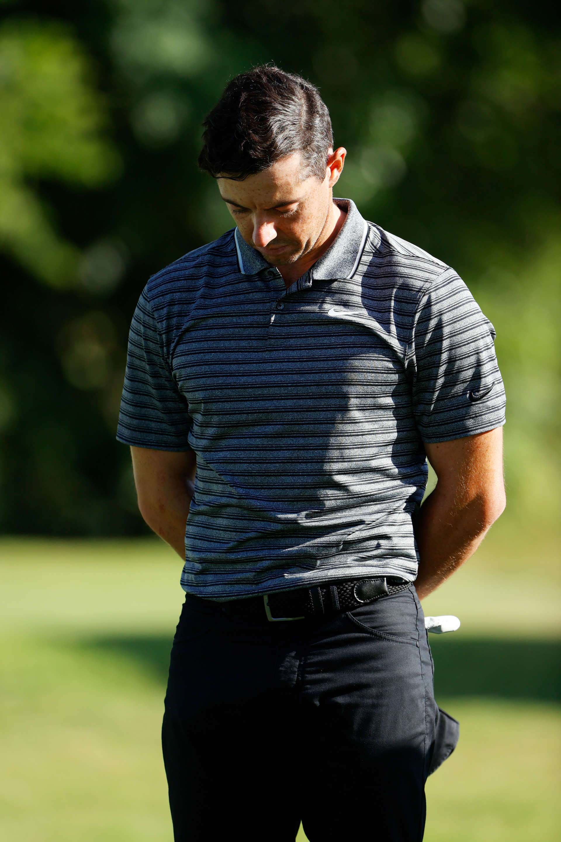 FORT WORTH, TEXAS - JUNE 12: Rory McIlroy of Northern Ireland takes part in a moment of silence held in place of the 8:46 tee time to remember George Floyd during the second round of the Charles Schwab Challenge on June 12, 2020 at Colonial Country Club in Fort Worth, Texas. (Photo by Tom Pennington/Getty Images)