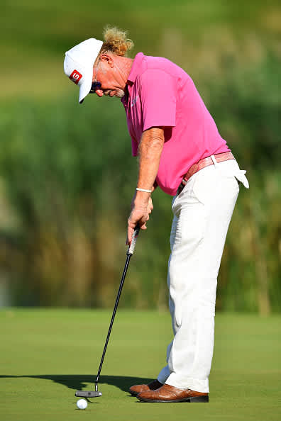 ATZENBRUGG, AUSTRIA - JULY 10: Miguel Angel Jimenez of Spain makes a birdie putt on the 18th green during day two of the Austrian Open at Diamond Country Club on July 10, 2020 in Atzenbrugg, Austria. (Photo by Stuart Franklin/Getty Images)