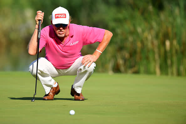ATZENBRUGG, AUSTRIA - JULY 10: Miguel Angel Jimenez of Spain pictured lining up a birdie putt on the 18th green during day two of the Austrian Open at Diamond Country Club on July 10, 2020 in Atzenbrugg, Austria. (Photo by Stuart Franklin/Getty Images)