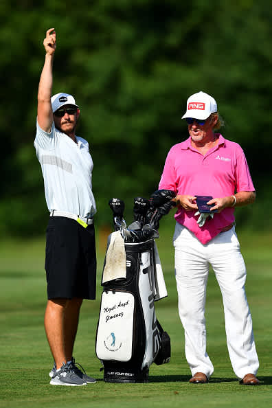 ATZENBRUGG, AUSTRIA - JULY 10: Miguel Angel Jimenez of Spain on the 18th hole with his son Victor during day two of the Austrian Open at Diamond Country Club on July 10, 2020 in Atzenbrugg, Austria. (Photo by Stuart Franklin/Getty Images)