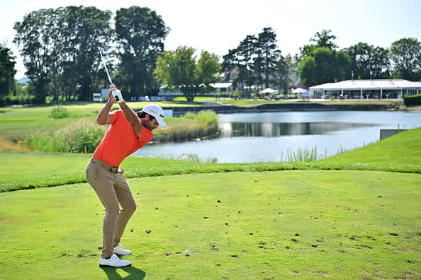 ATZENBRUGG, AUSTRIA - JULY 10: Joel Stalter of France plays his tee shot on the 18th hole during day two of the Austrian Open at Diamond Country Club on July 10, 2020 in Atzenbrugg, Austria. (Photo by Stuart Franklin/Getty Images)