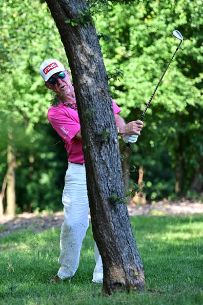ATZENBRUGG, AUSTRIA - JULY 10: Miguel Angel Jimenez of Spain plays his shot on the 14th hole during day two of the Austrian Open at Diamond Country Club on July 10, 2020 in Atzenbrugg, Austria. (Photo by Stuart Franklin/Getty Images)