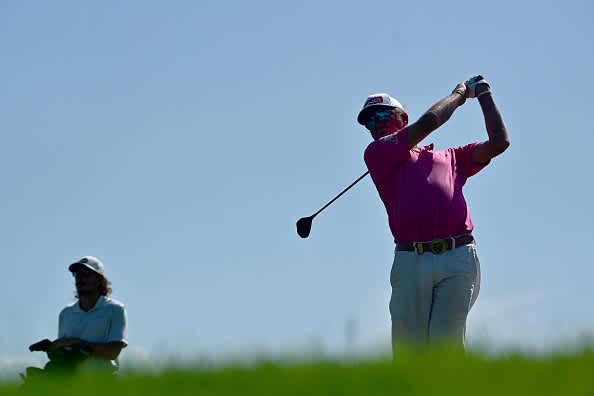 ATZENBRUGG, AUSTRIA - JULY 10: Miguel Angel Jimenez of Spain plays his shot on the 13th hole during day two of the Austrian Open at Diamond Country Club on July 10, 2020 in Atzenbrugg, Austria. (Photo by Stuart Franklin/Getty Images)