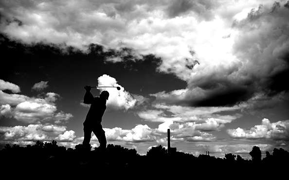 ATZENBRUGG, AUSTRIA - JULY 12: (EDITOR'S NOTE: THIS IMAGE WAS CONVERTED INTO BLACK AND WHITE) Marc Warren of Scotland hits his tee-shot on the tenth hole during day four of the Austrian Open at Diamond Country Club on July 12, 2020 in Atzenbrugg, Austria. (Photo by Stuart Franklin/Getty Images)