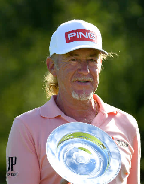 BIRMINGHAM, ENGLAND - JULY 30: Miguel Angel Jimenez of Spain poses with a award after making his 707th European tour start, a tour appearance record during Day One of the Hero Open at Marriott Forest of Arden on July 30, 2020 in Birmingham, England. (Photo by Ross Kinnaird/Getty Images)