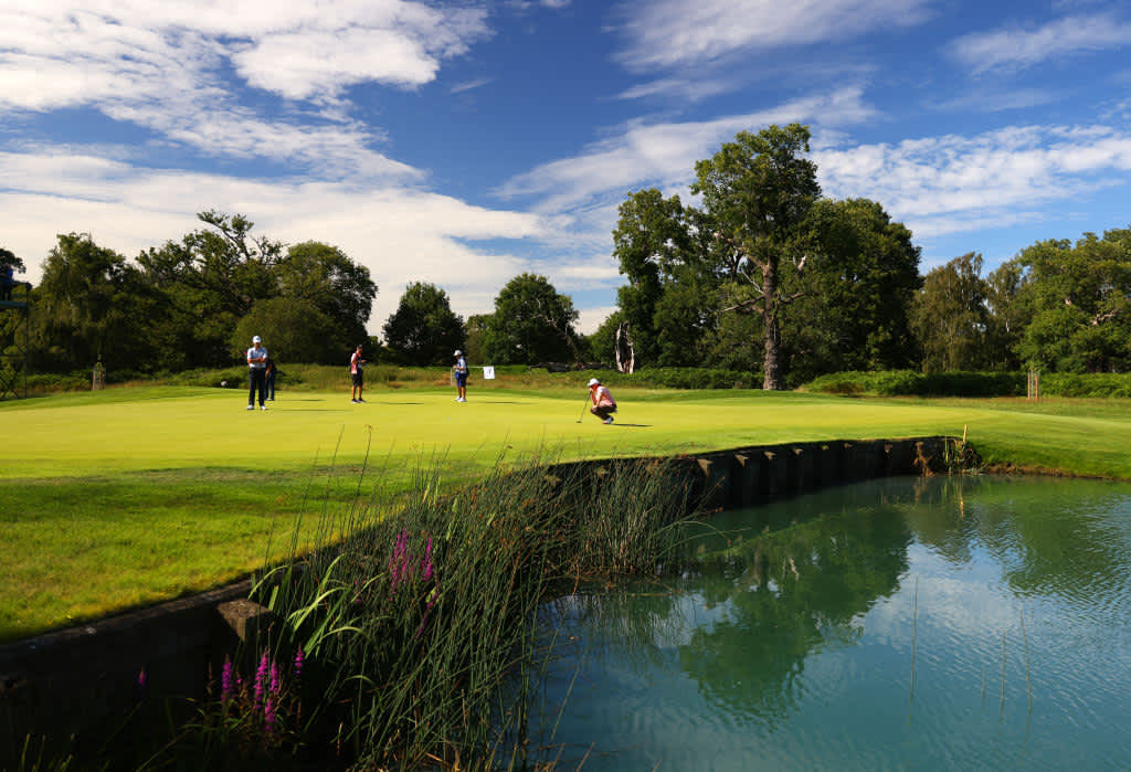 BIRMINGHAM, ENGLAND - JULY 30: Miguel Angel Jimenez of Spain lines up a putt on the 16th green as he makes his 707th European tour start, a tour appearance record during Day One of the Hero Open at Marriott Forest of Arden on July 30, 2020 in Birmingham, England. (Photo by Richard Heathcote/Getty Images)