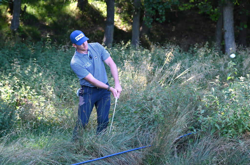 BIRMINGHAM, ENGLAND - JULY 30: Brandon Stone of South Africa plays his fourth shot from the rough on the 12th hole during Day One of the Hero Open at Marriott Forest of Arden on July 30, 2020 in Birmingham, England. (Photo by Ross Kinnaird/Getty Images)