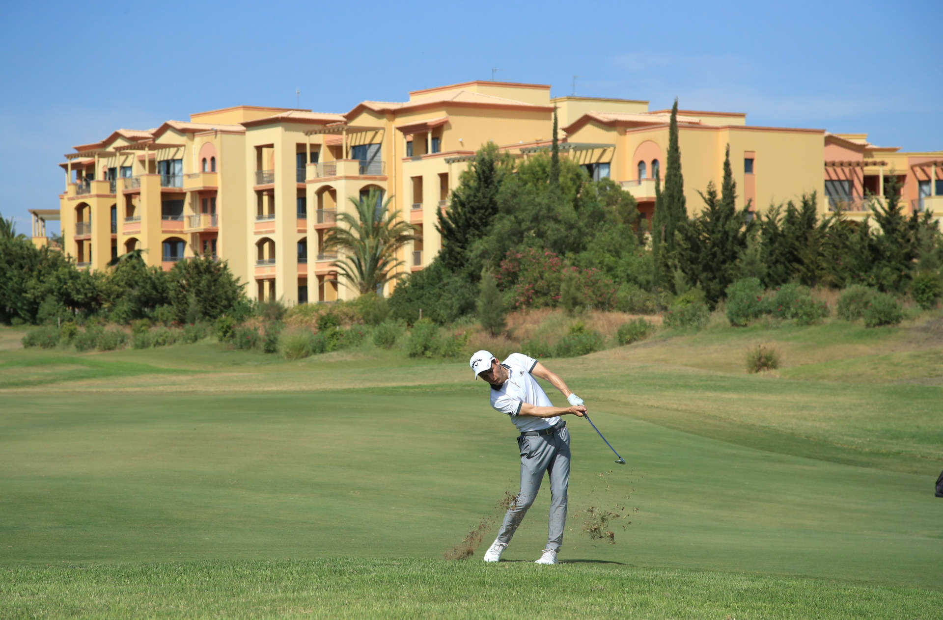 QUARTEIRA, PORTUGAL - SEPTEMBER 11: Matthew Jordan of England plays his second shot on the 9th hole during Day two of the Portugal Masters at Dom Pedro Victoria Golf Course on September 11, 2020 in Quarteira, Portugal. (Photo by Andrew Redington/Getty Images)