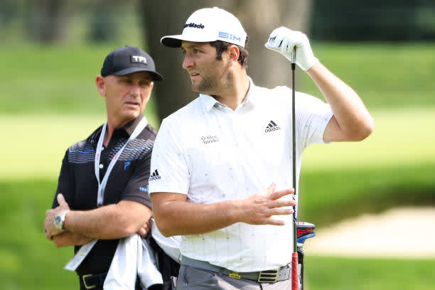 MAMARONECK, NEW YORK - SEPTEMBER 15: Jon Rahm of Spain pulls a club during a practice round prior to the 120th U.S. Open Championship on September 15, 2020 at Winged Foot Golf Club in Mamaroneck, New York. (Photo by Jamie Squire/Getty Images)