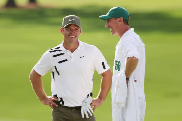 AUGUSTA, GEORGIA - NOVEMBER 12: Paul Casey of England and caddie John McLaren talk during the first round of the Masters at Augusta National Golf Club on November 12, 2020 in Augusta, Georgia. (Photo by Rob Carr/Getty Images)