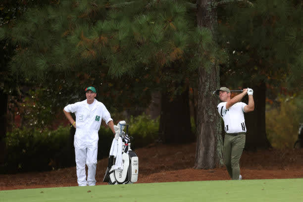 AUGUSTA, GEORGIA - NOVEMBER 12: Paul Casey of England hits his approach shot on the ninth hole during the first round of the Masters at Augusta National Golf Club on November 12, 2020 in Augusta, Georgia. (Photo by Rob Carr/Getty Images)