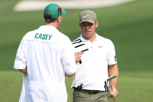 AUGUSTA, GEORGIA - NOVEMBER 12: Paul Casey of England celebrates his eagle with John Mcduring the first round of the Masters at Augusta National Golf Club on November 12, 2020 in Augusta, Georgia. (Photo by Jamie Squire/Getty Images)