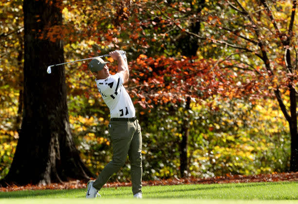 AUGUSTA, GEORGIA - NOVEMBER 12: Paul Casey of England plays a shot on the 11th hole during the first round of the Masters at Augusta National Golf Club on November 12, 2020 in Augusta, Georgia. (Photo by Jamie Squire/Getty Images)