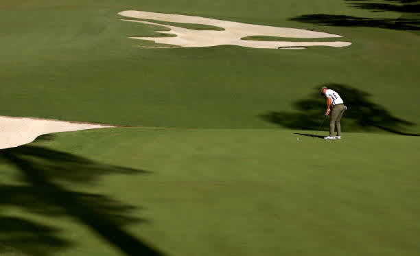 AUGUSTA, GEORGIA - NOVEMBER 12: Paul Casey of England putts on the tenth green during the first round of the Masters at Augusta National Golf Club on November 12, 2020 in Augusta, Georgia. (Photo by Patrick Smith/Getty Images)