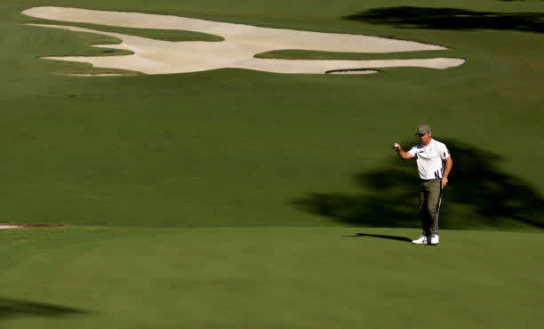 AUGUSTA, GEORGIA - NOVEMBER 12: Paul Casey of England reacts to his putt on the tenth green during the first round of the Masters at Augusta National Golf Club on November 12, 2020 in Augusta, Georgia. (Photo by Patrick Smith/Getty Images)