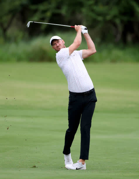 MALELANE, SOUTH AFRICA - NOVEMBER 27: Chris Wood of England plays his second shot on the 18th hole during the second round of the Alfred Dunhill Championship at Leopard Creek Country Golf Club on November 27, 2020 in Malelane, South Africa. (Photo by Richard Heathcote/Getty Images)