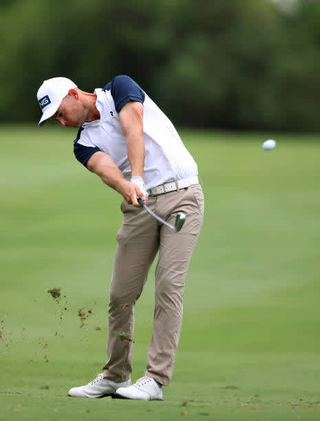 MALELANE, SOUTH AFRICA - NOVEMBER 27: Bryce Easton of South Africa plays his second shot on the 18th hole during the second round of the Alfred Dunhill Championship at Leopard Creek Country Golf Club on November 27, 2020 in Malelane, South Africa. (Photo by Richard Heathcote/Getty Images)