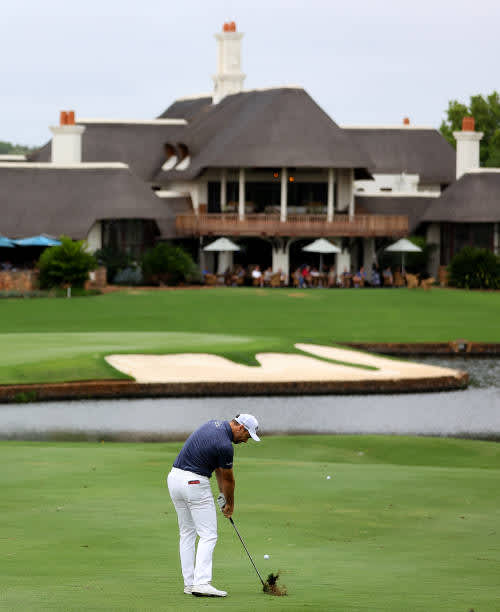 MALELANE, SOUTH AFRICA - NOVEMBER 27: Oliver Wilson of England plays his third shot on the 18th hole during the second round of the Alfred Dunhill Championship at Leopard Creek Country Golf Club on November 27, 2020 in Malelane, South Africa. (Photo by Richard Heathcote/Getty Images)