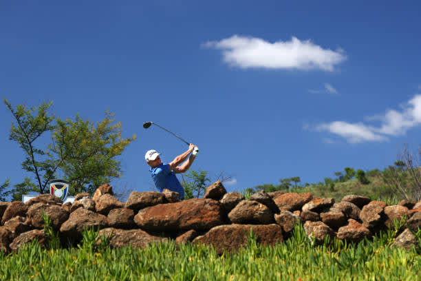 SUN CITY, SOUTH AFRICA - DECEMBER 06: Jamie Donaldson of Wales tees off on the 14th hole during the final round of the South African Open at Gary Player CC on December 6, 2020 in Sun City, South Africa. (Photo by Richard Heathcote/Getty Images)