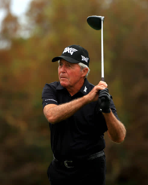 ORLANDO, FLORIDA - DECEMBER 20: Gary Player hits his tee shot on the 15th hole during the final round of the PNC Championship at the Ritz Carlton Golf Club on December 20, 2020 in Orlando, Florida. (Photo by Mike Ehrmann/Getty Images)