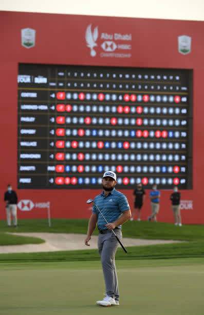 ABU DHABI, UNITED ARAB EMIRATES - JANUARY 23: Tyrrell Hatton of England putting on the 18th green during the third round of the Abu Dhabi HSBC Championship at Abu Dhabi Golf Club on January 23, 2021 in Abu Dhabi, United Arab Emirates. (Photo by Ross Kinnaird/Getty Images)