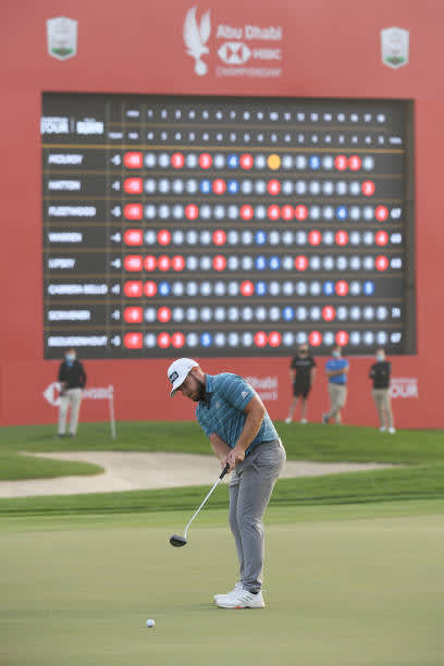 ABU DHABI, UNITED ARAB EMIRATES - JANUARY 23: Tyrrell Hatton of England putts on the 18th green during Day Three of the Abu Dhabi HSBC Championship at Abu Dhabi Golf Club on January 23, 2021 in Abu Dhabi, United Arab Emirates. (Photo by Ross Kinnaird/Getty Images)