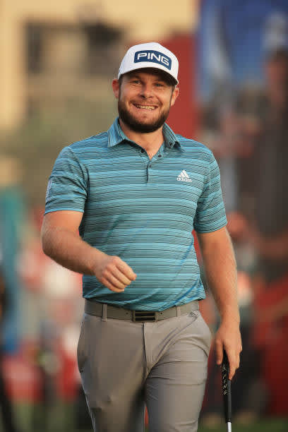 ABU DHABI, UNITED ARAB EMIRATES - JANUARY 23: Tyrrell Hatton of England smiles on the 18th green during Day Three of the Abu Dhabi HSBC Championship at Abu Dhabi Golf Club on January 23, 2021 in Abu Dhabi, United Arab Emirates. (Photo by Andrew Redington/Getty Images)