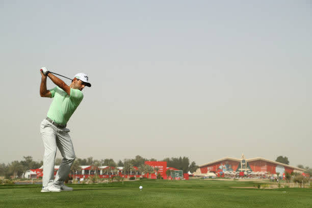 ABU DHABI, UNITED ARAB EMIRATES - JANUARY 23: Fabrizio Zanotti of Paraguay tees off on the 9th hole during Day Three of the Abu Dhabi HSBC Championship at Abu Dhabi Golf Club on January 23, 2021 in Abu Dhabi, United Arab Emirates. (Photo by Warren Little/Getty Images)