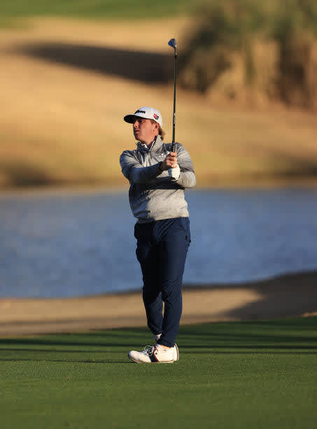 LA QUINTA, CALIFORNIA - JANUARY 22: John Augenstein plays his shot on the 18th fairway during the second round of The American Express tournament on the Jack Nicklaus Tournament Course at PGA West on January 22, 2021 in La Quinta, California. (Photo by Sean M. Haffey/Getty Images)