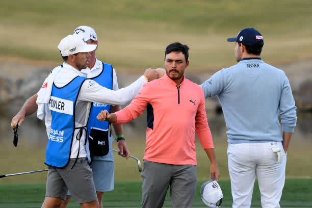 LA QUINTA, CALIFORNIA - JANUARY 22: Rickie Fowler reacts to his birdie putt on the 18th green during the second round of The American Express tournament on the Stadium course at PGA West on January 22, 2021 in La Quinta, California. (Photo by Harry How/Getty Images)