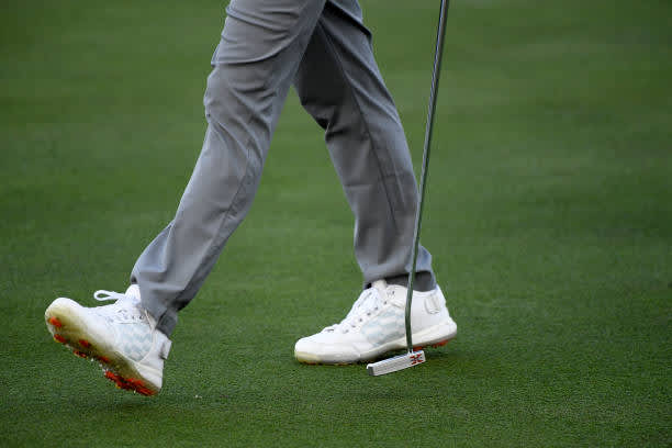 LA QUINTA, CALIFORNIA - JANUARY 22: A close-up of the shoes of Rickie Fowler on the 18th hole during the second round of The American Express tournament on the Stadium course at PGA West on January 22, 2021 in La Quinta, California. (Photo by Harry How/Getty Images)