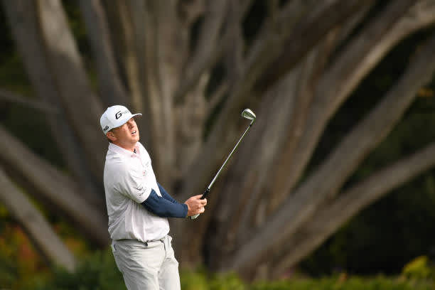 PEBBLE BEACH, CALIFORNIA - FEBRUARY 14: Nate Lashley of the United States plays his second shot on the 16th hole during the final round of the AT&T Pebble Beach Pro-Am at Pebble Beach Golf Links on February 14, 2021 in Pebble Beach, California. (Photo by Harry How/Getty Images)