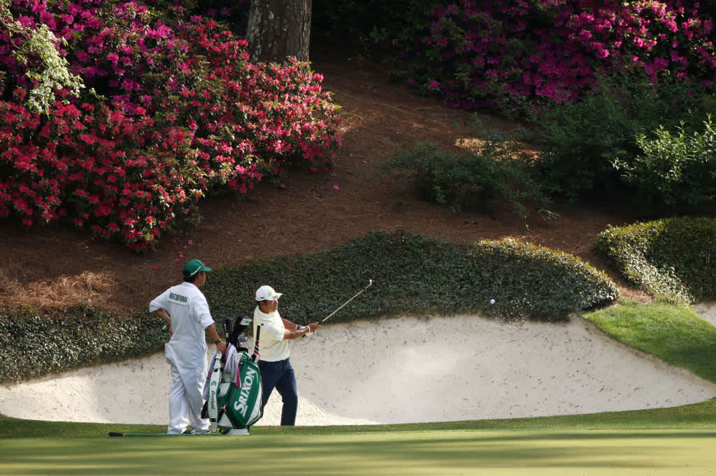 AUGUSTA, GEORGIA - APRIL 11: Hideki Matsuyama of Japan plays a shot from a bunker on the 12th hole during the final round of the Masters at Augusta National Golf Club on April 11, 2021 in Augusta, Georgia. (Photo by Kevin C. Cox/Getty Images)