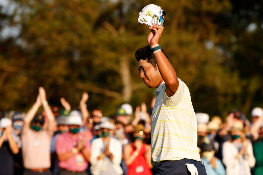 AUGUSTA, GEORGIA - APRIL 11: Hideki Matsuyama of Japan celebrates on the 18th green after winning the Masters at Augusta National Golf Club on April 11, 2021 in Augusta, Georgia. (Photo by Jared C. Tilton/Getty Images)