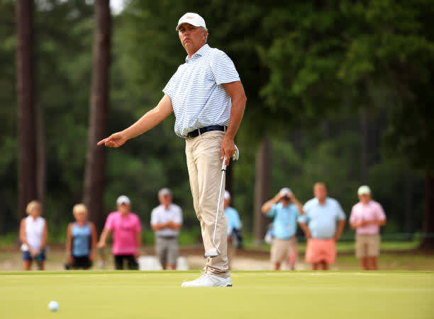 RIDGELAND, SOUTH CAROLINA - JUNE 13: Bo Van Pelt reacts to his putt on the 17th green during the final round of the Palmetto Championship at Congaree on June 13, 2021 in Ridgeland, South Carolina. (Photo by Mike Ehrmann/Getty Images)