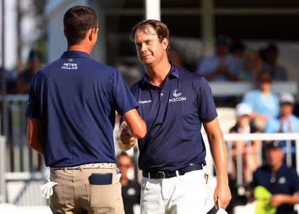 RIDGELAND, SOUTH CAROLINA - JUNE 13: Chesson Hadley shakes hands with Harris English after finishing their round on the 18th green during the final round of the Palmetto Championship at Congaree on June 13, 2021 in Ridgeland, South Carolina. (Photo by Mike Ehrmann/Getty Images)