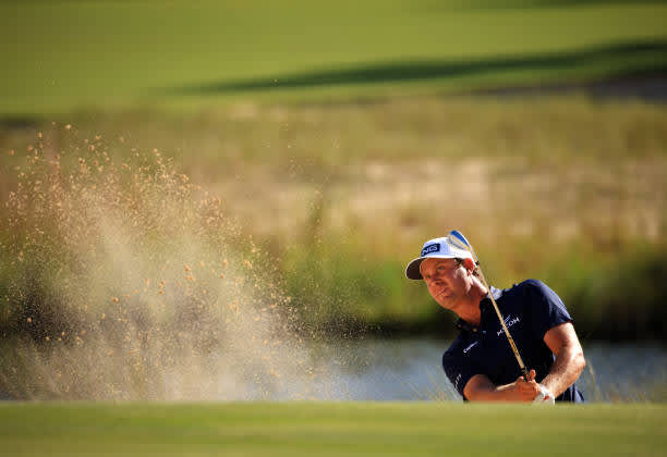 RIDGELAND, SOUTH CAROLINA - JUNE 13: Harris English plays a shot from a bunker on the 18th hole during the final round of the Palmetto Championship at Congaree on June 13, 2021 in Ridgeland, South Carolina. (Photo by Mike Ehrmann/Getty Images)