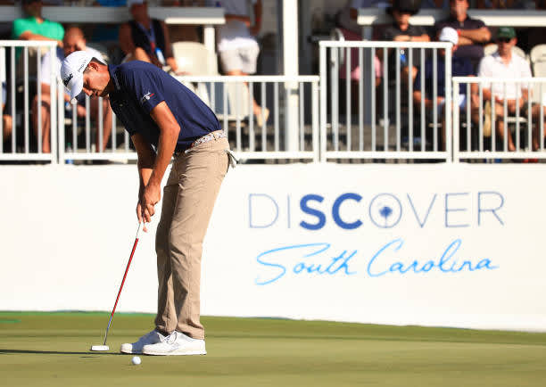 RIDGELAND, SOUTH CAROLINA - JUNE 13: Chesson Hadley reacts as he misses his putt for par on the 18th green during the final round of the Palmetto Championship at Congaree on June 13, 2021 in Ridgeland, South Carolina. (Photo by Mike Ehrmann/Getty Images)