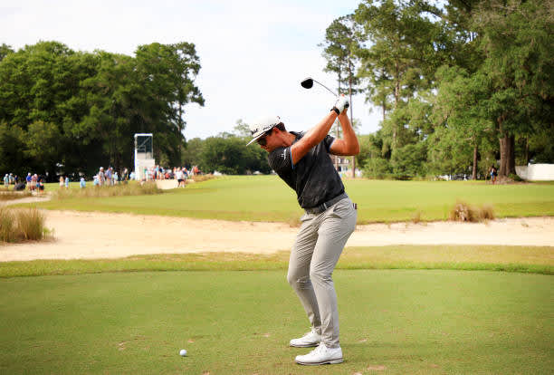 RIDGELAND, SOUTH CAROLINA - JUNE 13: Garrick Higgo of South Africa plays his shot from the 18th tee during the final round of the Palmetto Championship at Congaree on June 13, 2021 in Ridgeland, South Carolina. (Photo by Mike Ehrmann/Getty Images)