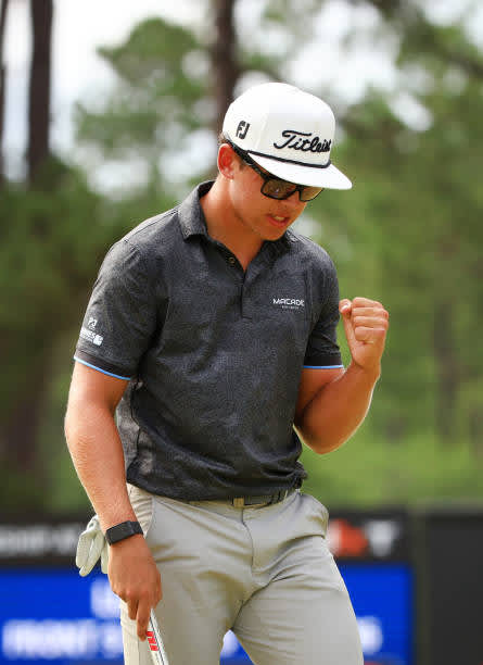 RIDGELAND, SOUTH CAROLINA - JUNE 13: Garrick Higgo of South Africa reacts to his putt on the 17th hole during the final round of the Palmetto Championship at Congaree on June 13, 2021 in Ridgeland, South Carolina. (Photo by Mike Ehrmann/Getty Images)