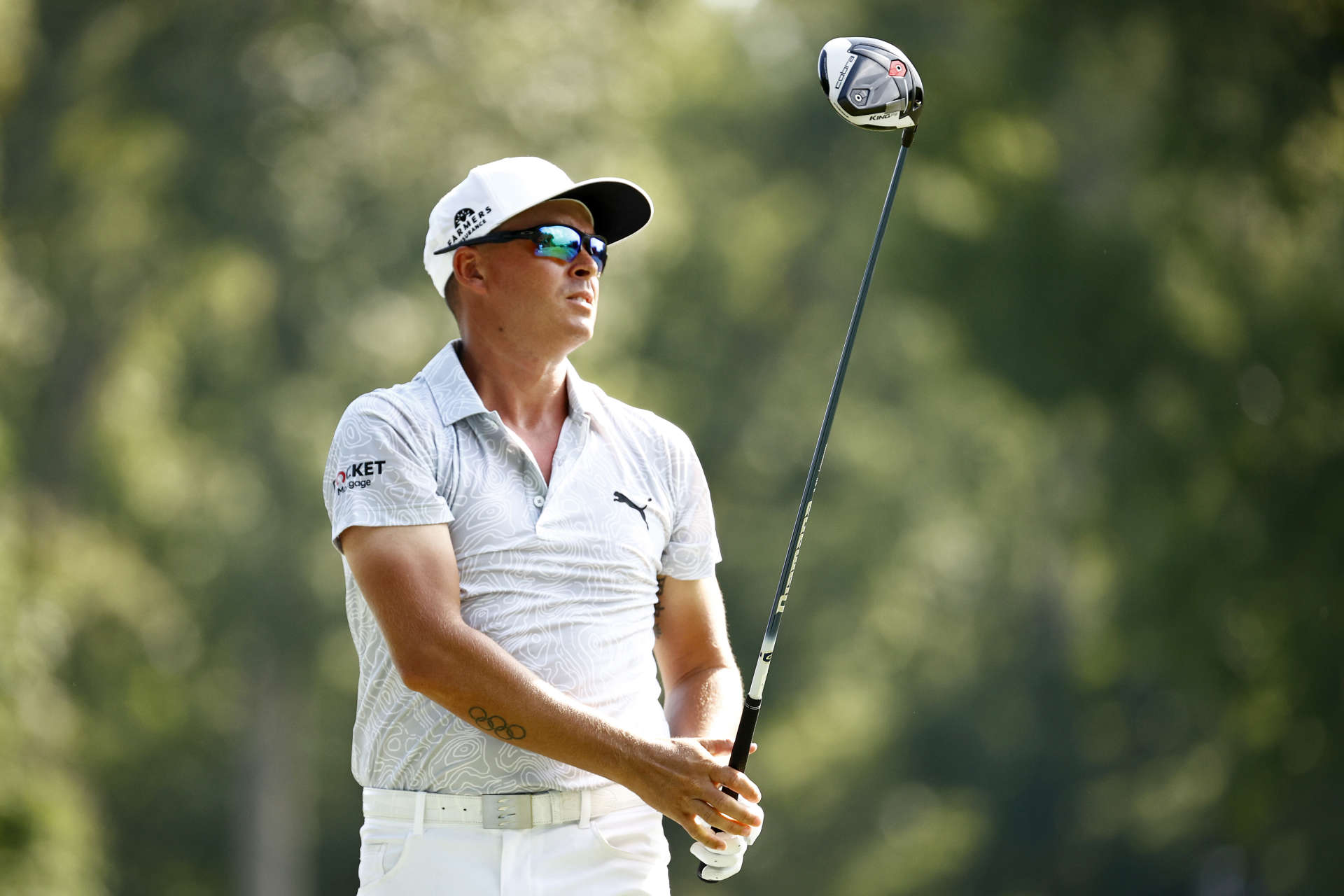 GREENSBORO, NORTH CAROLINA - AUGUST 12: Rickie Fowler of the United States looks on from the 15th tee during the first round of the Wyndham Championship at Sedgefield Country Club on August 12, 2021 in Greensboro, North Carolina. (Photo by Jared C. Tilton/Getty Images)