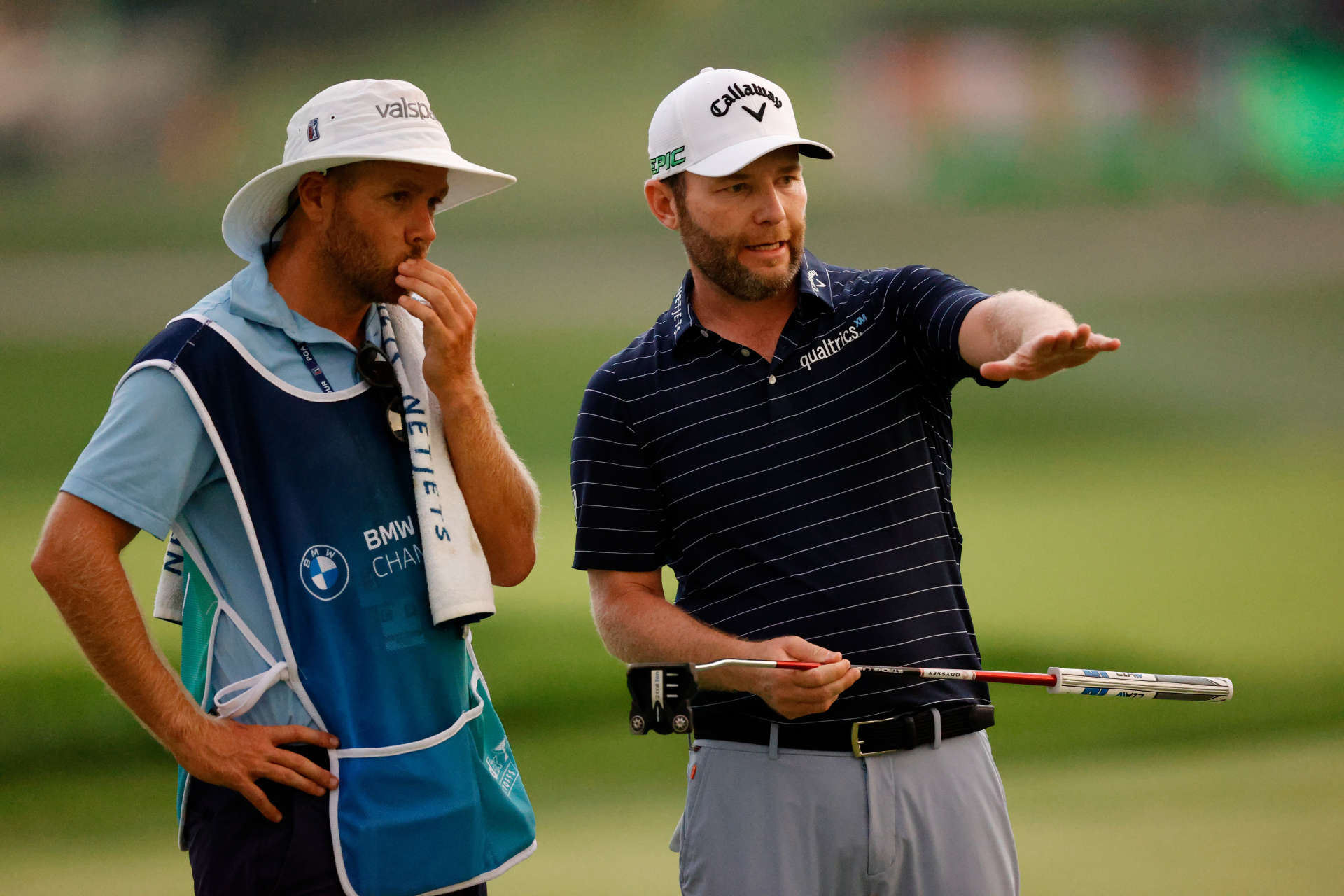 OWINGS MILLS, MARYLAND - AUGUST 27: Branden Grace of South Africa talks with his caddie Lee Warne on the 18th green during the second round of the BMW Championship at Caves Valley Golf Club on August 27, 2021 in Owings Mills, Maryland. (Photo by Tim Nwachukwu/Getty Images)