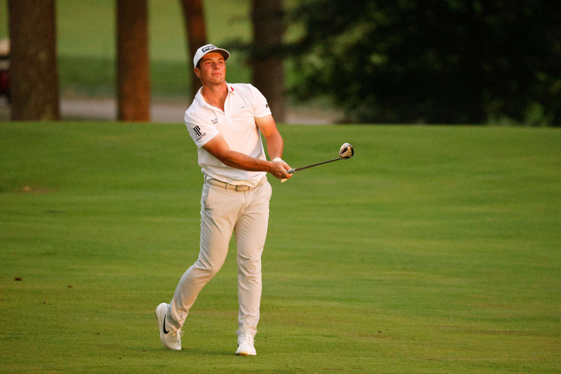OWINGS MILLS, MARYLAND - AUGUST 27: Viktor Hovland of Norway plays a shot on the 16th hole during the second round of the BMW Championship at Caves Valley Golf Club on August 27, 2021 in Owings Mills, Maryland. (Photo by Cliff Hawkins/Getty Images)
