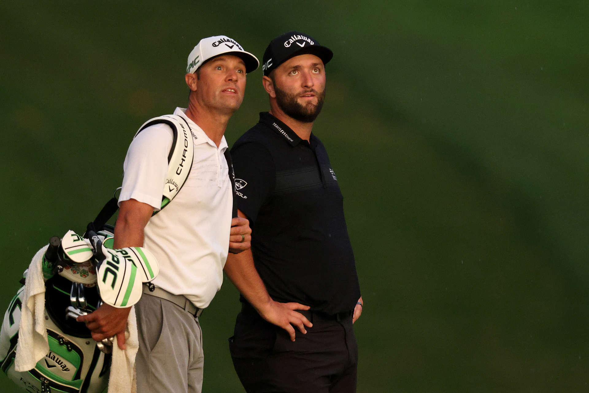 OWINGS MILLS, MARYLAND - AUGUST 27: Jon Rahm of Spain talks with his caddie Adam Hayes on the 16th hole during the second round of the BMW Championship at Caves Valley Golf Club on August 27, 2021 in Owings Mills, Maryland. (Photo by Rob Carr/Getty Images)