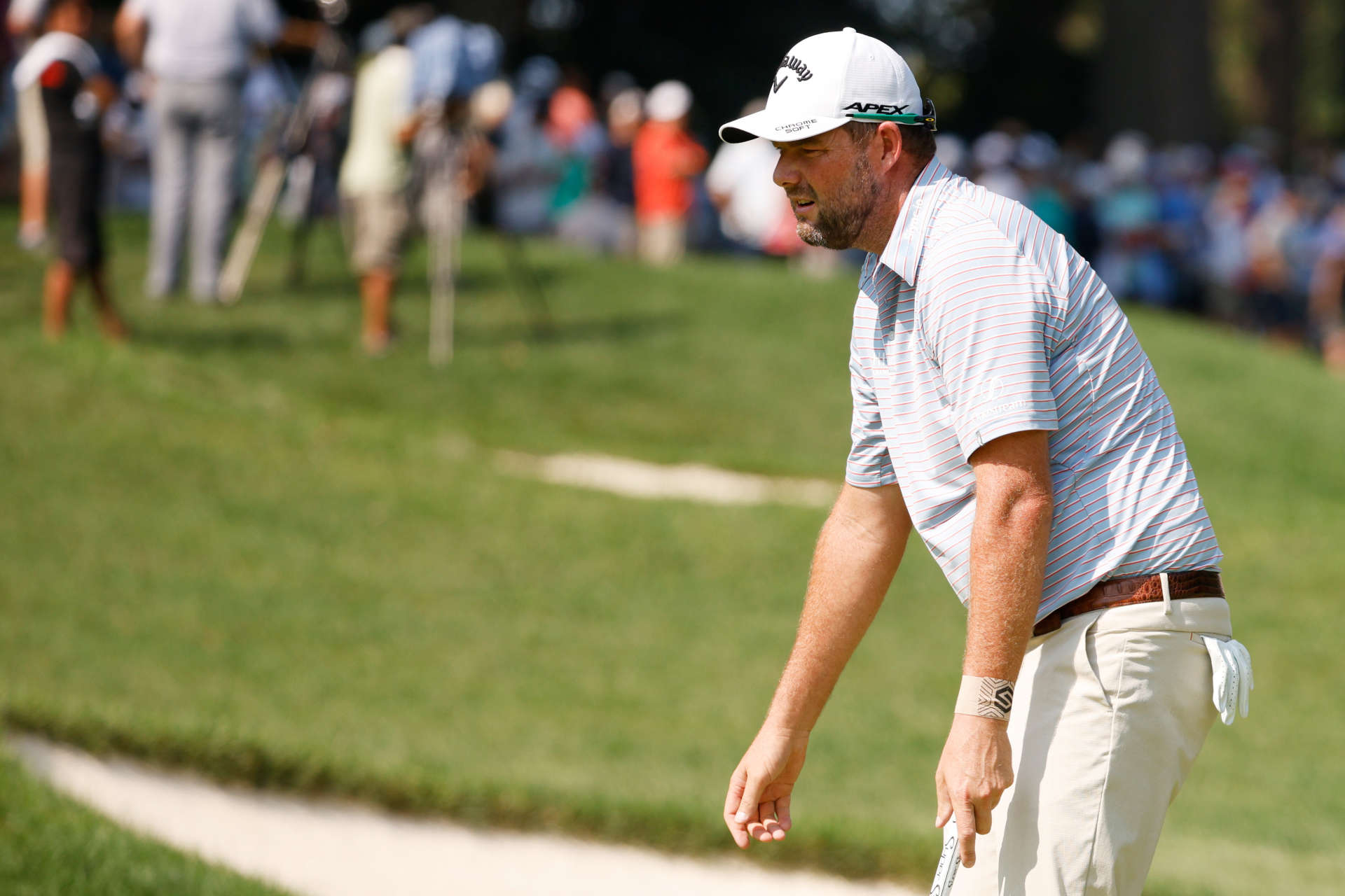 OWINGS MILLS, MARYLAND - AUGUST 27: Marc Leishman of Australia reacts on the first green during the second round of the BMW Championship at Caves Valley Golf Club on August 27, 2021 in Owings Mills, Maryland. (Photo by Cliff Hawkins/Getty Images)
