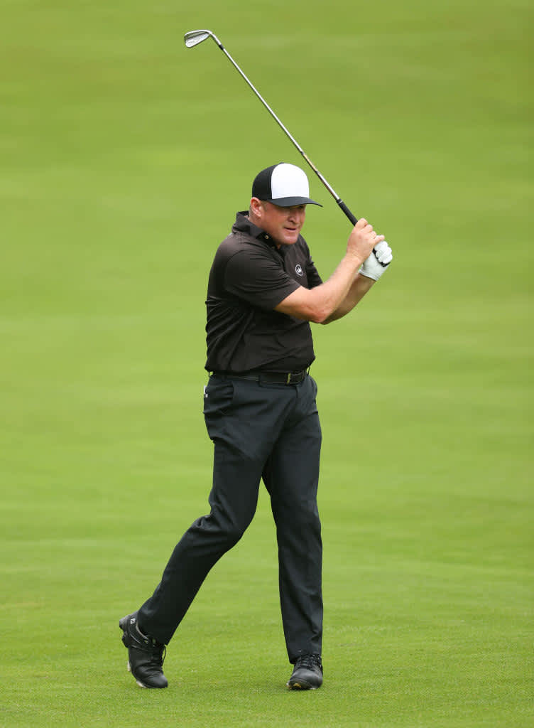 VIRGINIA WATER, ENGLAND - SEPTEMBER 12: Jamie Donaldson of Wales hits his second shot on the fourth hole during Day Four of The BMW PGA Championship at Wentworth Golf Club on September 12, 2021 in Virginia Water, England. (Photo by Warren Little/Getty Images)