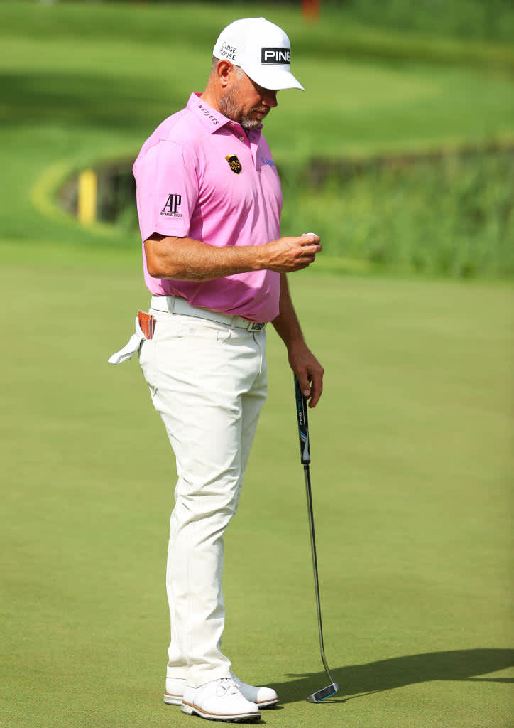 VIRGINIA WATER, ENGLAND - SEPTEMBER 12: Lee Westwood of England pictured on the 18th hole during Day Four of The BMW PGA Championship at Wentworth Golf Club on September 12, 2021 in Virginia Water, England. (Photo by Andrew Redington/Getty Images)