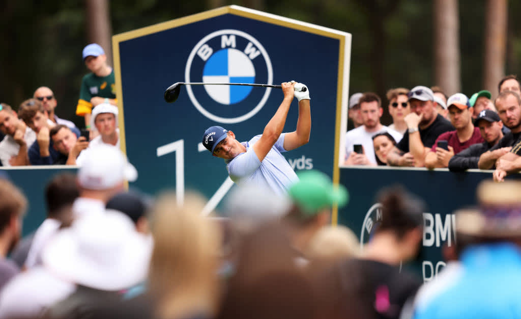 VIRGINIA WATER, ENGLAND - SEPTEMBER 12: Christiaan Bezuidenhout of South Africa tees off on the 12th hole during Day Four of The BMW PGA Championship at Wentworth Golf Club on September 12, 2021 in Virginia Water, England. (Photo by Richard Heathcote/Getty Images)