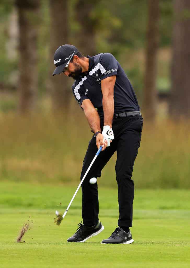 VIRGINIA WATER, ENGLAND - SEPTEMBER 12: Francesco Laporta of Italy plays his second shot on the ninth hole during Day Four of The BMW PGA Championship at Wentworth Golf Club on September 12, 2021 in Virginia Water, England. (Photo by Richard Heathcote/Getty Images)
