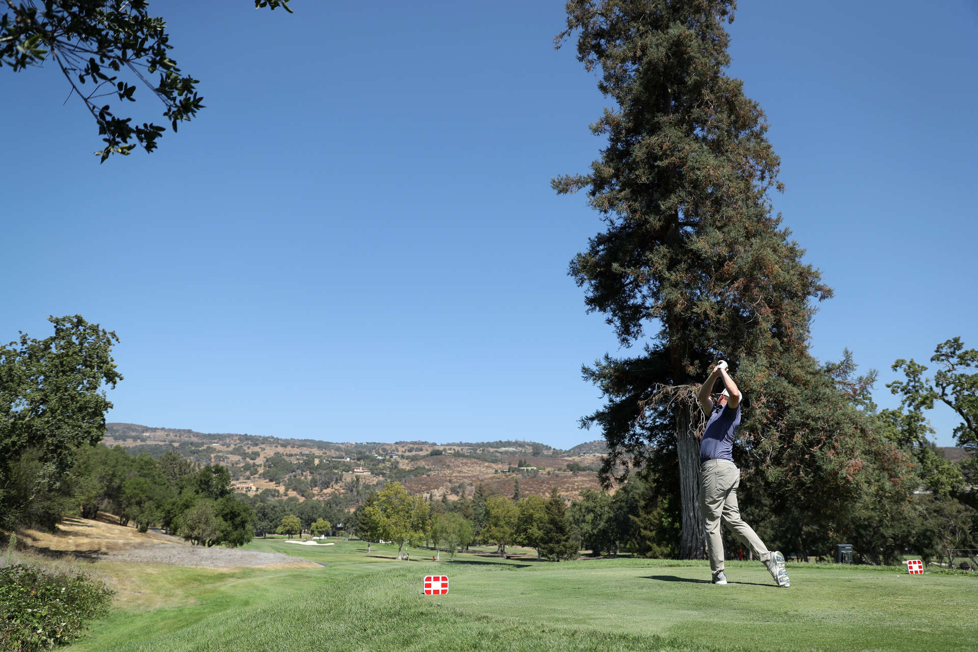 NAPA, CALIFORNIA - SEPTEMBER 17: Nate Lashley hits his tee shot on the fourth hole during round two of the Fortinet Championship at Silverado Resort and Spa on September 17, 2021 in Napa, California. (Photo by Meg Oliphant/Getty Images)